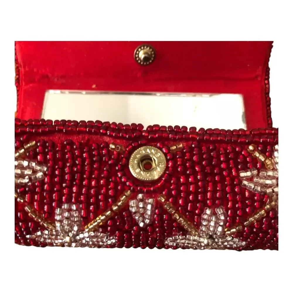 Vintage Beaded Lipstick Case Holders Lot 2 Red Black Floral Mirrors Evening Bag
